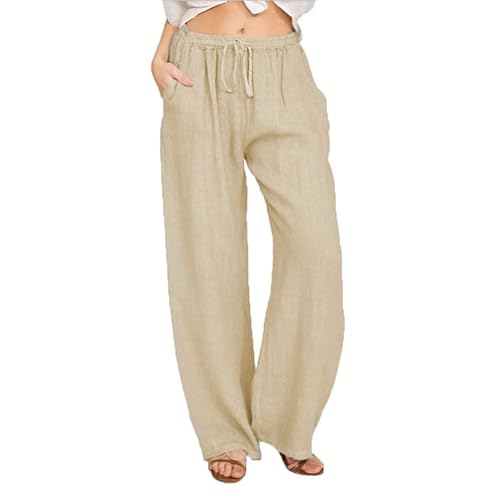 Women's Cotton Linen Trousers Loose Drawstring, Summer High Waisted Beach Trousers Elastic Waist Wide Leg Casual Pants Solid Color with Pockets (Khaki,S)