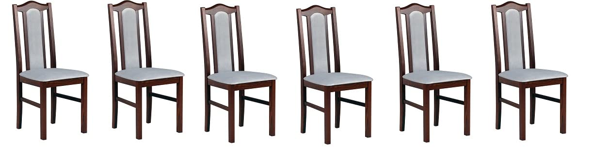 GREKPOL - Set 6 aus Esszimmerstühlen Sitz und Rückenlehne gepolsterter Stoff Velur Stuhl Holz Holstuhl Polsterstuhl mit hoher Rückenlehne -BOS 2 (Nuss + Hellgrau 1B, 6-Er Set)