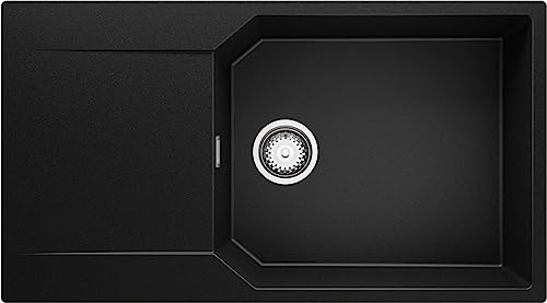 Spülbecken Schwarz 90x50 cm, Granitspüle + Ablauf-Set, Küchenspüle für 60er Unterschrank, Einbauspüle von Primagran