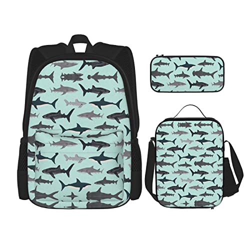 Lawenp Shark Schulranzen-Set aus DREI Cross Lunch Bag Pencil Bag Set Jungen- und Mädchen-Schulranzen