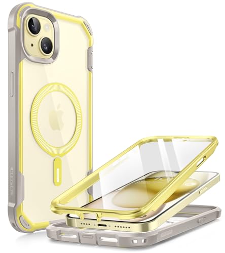 i-Blason Ares Mag Hülle für iPhone 15 Plus (6.7") 2023, Kompatibel mit MagSafe, Bumper Case Transparent Handyhülle Robust Schutzhülle Cover mit integriert Displayschutz, Gelb