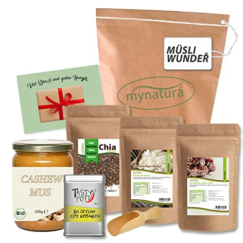 Mynatura Müsliwunder I Bio Cashewmus + Chia Samen + Kokoschips + Weinbeere + Tasty Pott Bio Ceylon Zimt + Löffel + Karte I Frühstück I Müsli I Snack