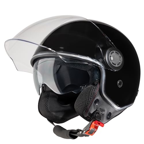 VINZ Pavia Jethelm mit Doppelvisier | Roller Helm Fashionhelm | In Gr. XS-XXL | Jet Helm mit Sonnenblende | ECE 22.06 Zertifiziert | Motorradhelm mit Visier - Schwarz