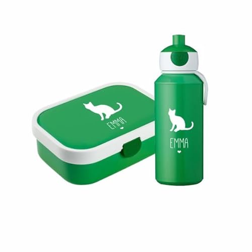 4you Design Set: Grüne Brotdose & Trinkflasche -Katzen-Silhouette- personalisiert mit Namen für Kinder, mit Box-Einsatz & Gabel für Schule & Sport (Katze, Grün)