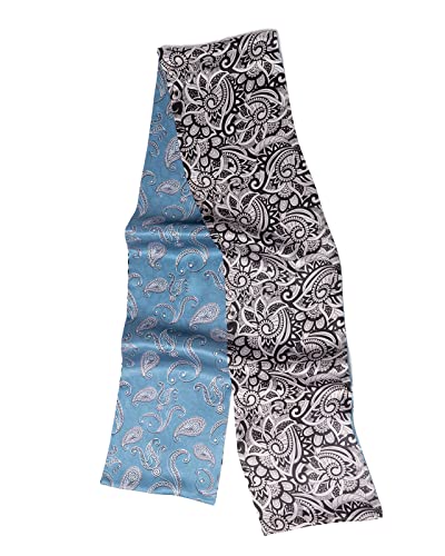 MayTree Seidentuch, schmaler, bunter Seidenschal, Halstuch oder Haarband für Damen aus 100% Maulbeer-Seide,Paisley, blau, schwarz weiß, beidseitig 16 x 145 cm