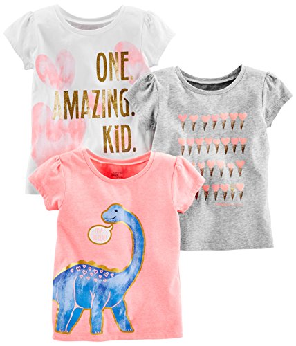 Simple Joys by Carter's Mädchen Kurzärmelige T-Shirts mit Druck, 3er-Pack, Rosa/Grau/Weiß, Dinosaurier/Herzen, 5 Jahre