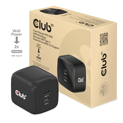 Club 3D CAC-1909EU Reiseladegerät PPS 45W GAN-Technologie, Dualer Anschluss USB Typ-C, Power Delivery(PD) 3.0 Unterstützung
