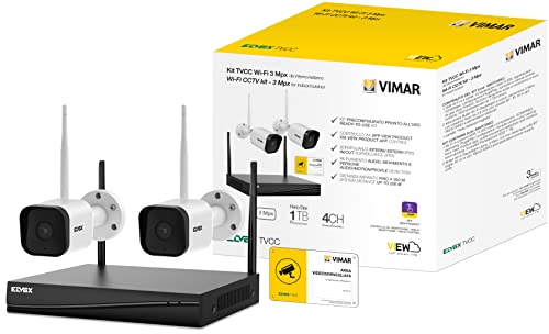 Vimar 46KIT.036C WiFi TV-Kit mit: 2 WiFi 46242.036C Farbkamera 3 Mpx, 1 4Ch@3Mpx WLAN-NVR, View Product App-Steuerung, Audioerkennung, Bewegung und Senden von Benachrichtigungen, 1TB HDD enthalten