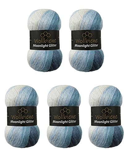 Moonlight Glitter Batik Simli 5 x 100g Strickwolle 500 Gramm Wolle zum Stricken und Häkeln 20% Wolle Metallic-Wolle türkische Wolle Farbverlaufswolle Glitzerwolle (5500 blau weiß)