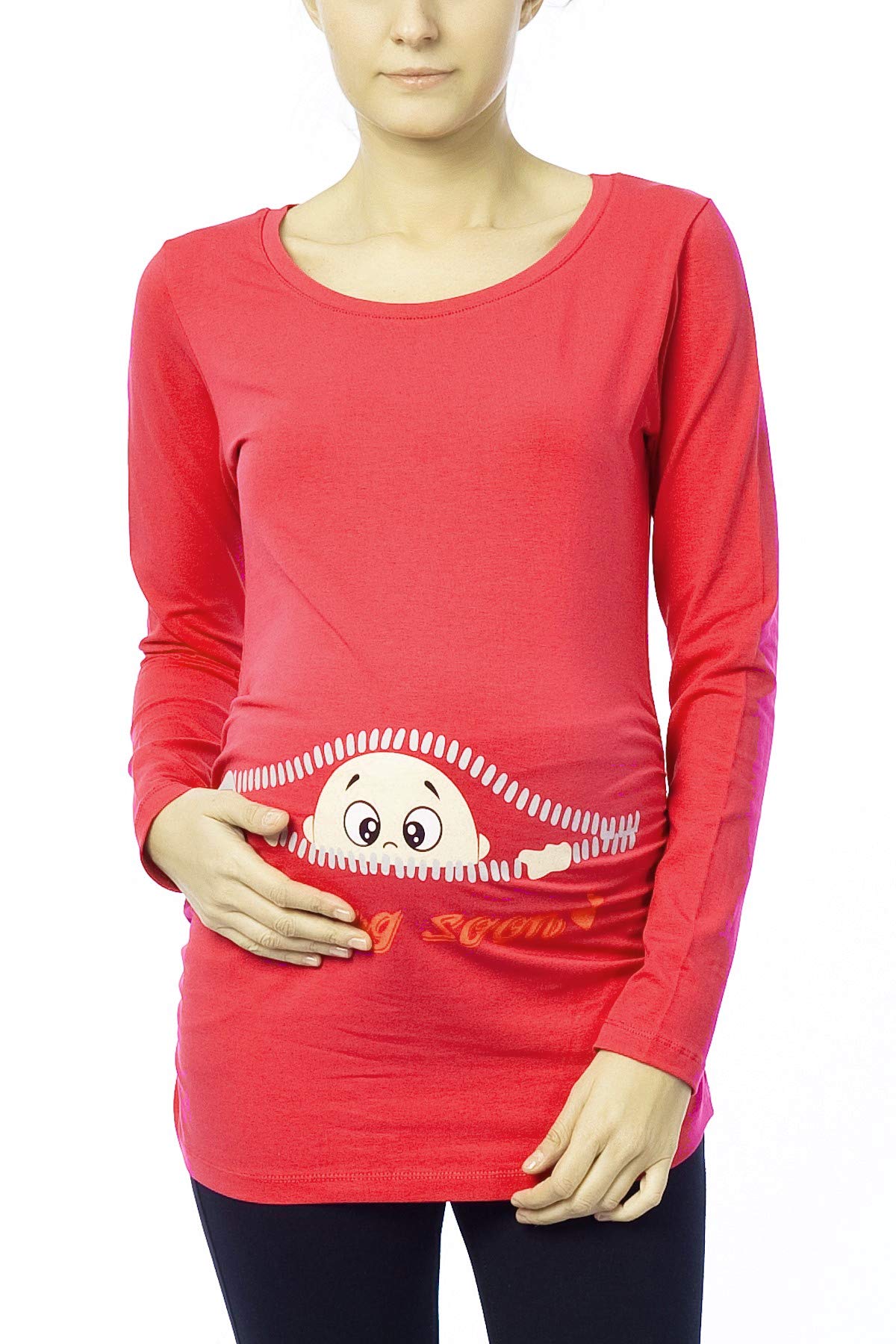 Coming Soon - Lustige witzige süße Umstandsmode Umstandsshirt Sweatshirt Schwangerschaftsshirt mit Motiv für die Schwangerschaft, Langarm (Koralle, X-Large)