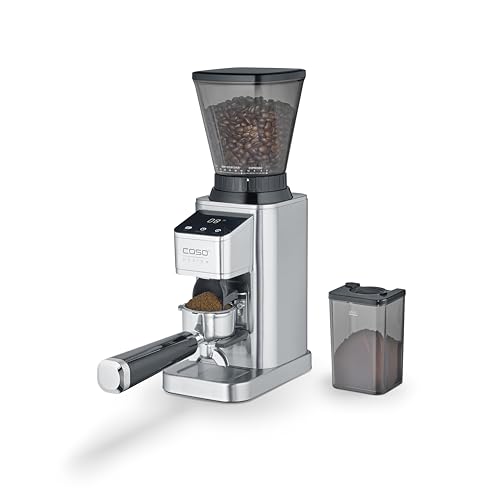 CASO BaristaChef Inox - elektrische Kaffeemühle, langlebiges Edelstahl-Kegelmahlwerk, mit Siebträgerhalterung, 48 präzise Mahlgradstufen, aromaschonende 450 U/min, individuelle Dosierung