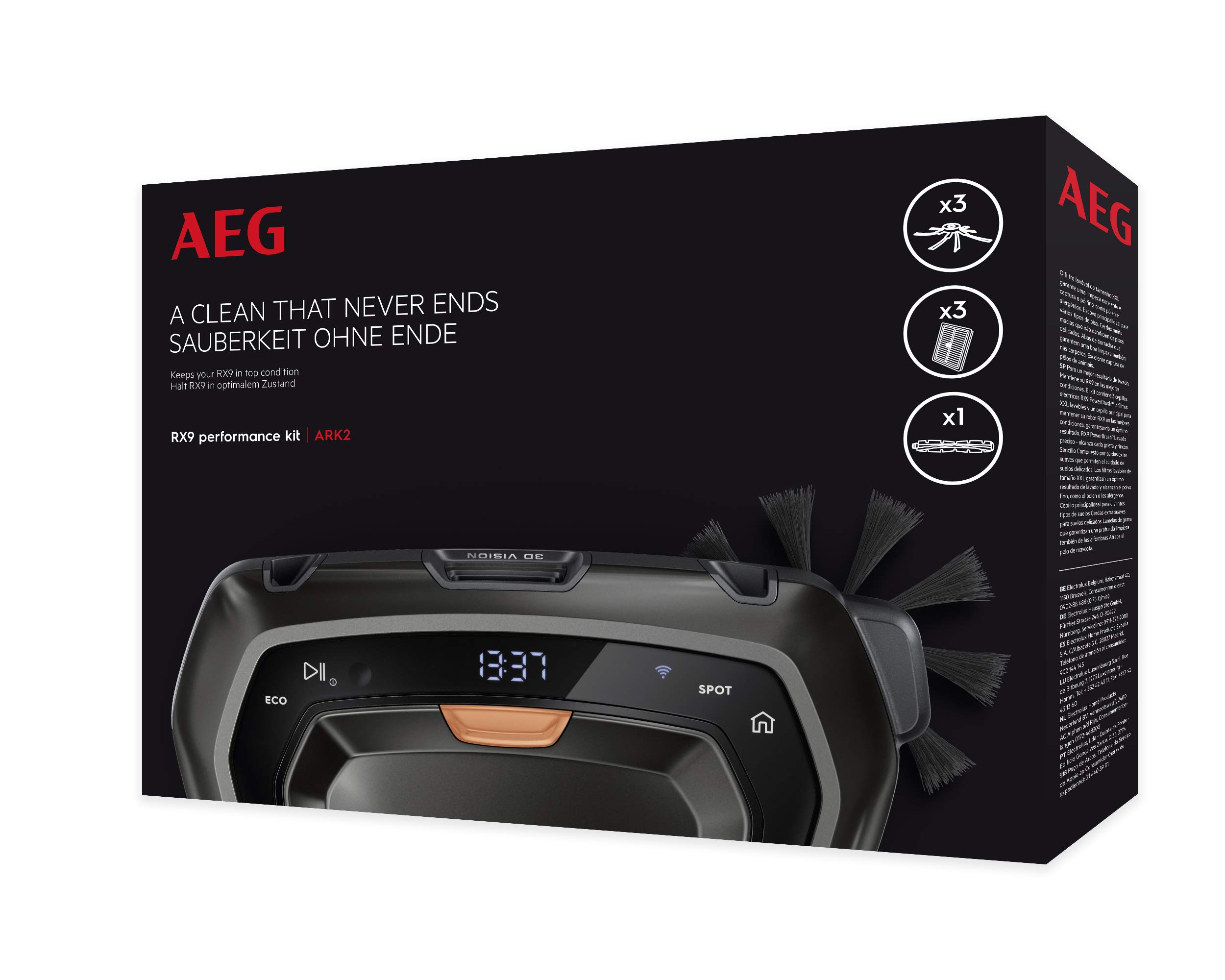 AEG ARK2 Performance Kit für den Saugroboter RX9 (1 Bürstenrolle für verschiedene Böden, 3 XXL Filter für die Aufnahme von Allergenen und Pollen, 3 Seitenbürsten für optimale Saugleistung, schwarz)