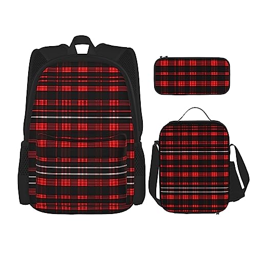 OdDdot 3-teiliges Rucksack-Sets, bedruckter karierter roter und schwarzer Rucksack mit Lunchbox und Federmäppchen, Rucksack mit großer Kapazität, Büchertasche