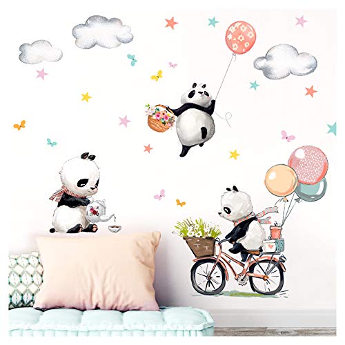 Little Deco Aufkleber DREI Panda mit Luftballons I Wandbild 102 x 77 cm (BxH) I Fahrrad Blumen Wandbilder Wandtattoo Tiere Deko Babyzimmer Kinder Sticker DL470
