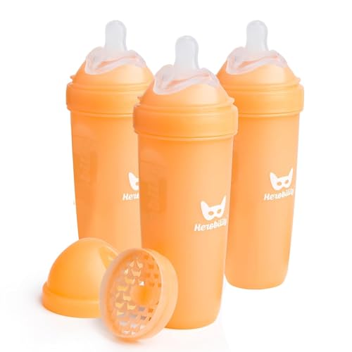 Herobility Double Anti-Colic Baby Bottles – 12 fl oz/340ml – 3-Pack – BPA-Free – Peach