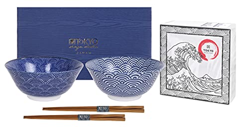 TOKYO design studio Nippon Blue 2-er Schalen-Set blau-weiß, Ø 15 cm, ca. 500 ml, asiatisches Porzellan, Japanisches Design mit geometrischen Mustern, inkl. 2 Paar ESS-Stäbchen & Geschenk-Verpackung