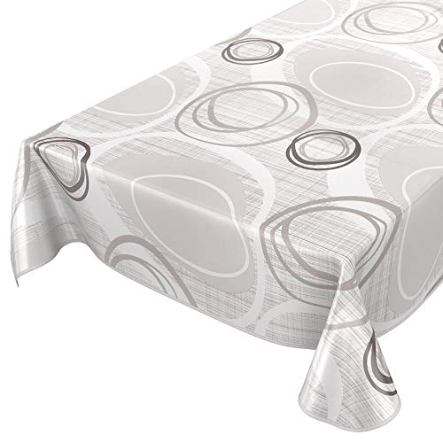 ANRO Tischdecke Wachstuch abwaschbar Wachstuchtischdecke Wachstischdecke Kreise Geometrie Weiß Silber 180x140cm mit Saum - Eingefasst