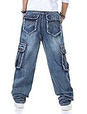 Männer Baggy Hip Hop Jeans Plus Größe 30-46 Multi Taschen Skateboard Cargo Jeans für Männer Taktische Denim Jogger Blau 44