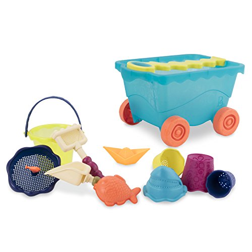 B. toys Sandspielzeug 11 Teile mit Bollerwagen – Sandkasten Spielzeug, Strand, Spielplatz mit Eimer, Schaufel, Sandförmchen – Spielzeug ab 18 Monaten