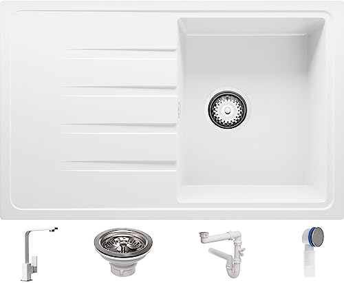 Küchenspüle Weiß 78x50 cm, Spülbecken + Ablauf-Set + Küchenarmatur 8000, Granitspüle für 45er Unterschrank, Einbauspüle von Primagran