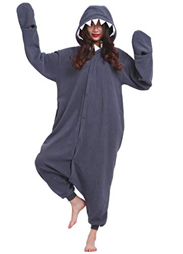 ULEEMARK Jumpsuit Onesie Tier Karton Fasching Halloween Kostüm Sleepsuit Cosplay Overall Pyjama Schlafanzug Erwachsene Unisex Lounge Kigurumi Schwarz Hai for Höhe 140-187CM