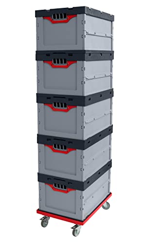 Auer Faltbox 5er Set FB 64/32 + Rollwagen - 60x40x32cm Kunststoffbox 67L | Angebotsset: stapelbare Aufbewahrungsbehälter + roter Transportroller | Industriebox stabil