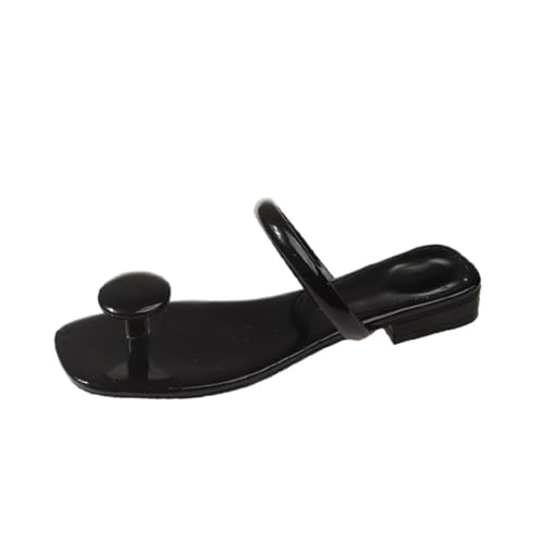 NEOFEN Damen-Tanga-Sandalen aus PU-Leder mit offenem, quadratischem Zehenbereich, rundem Dekor, flache Outdoor-Sandalen (Color : Black, Size : 36 EU)