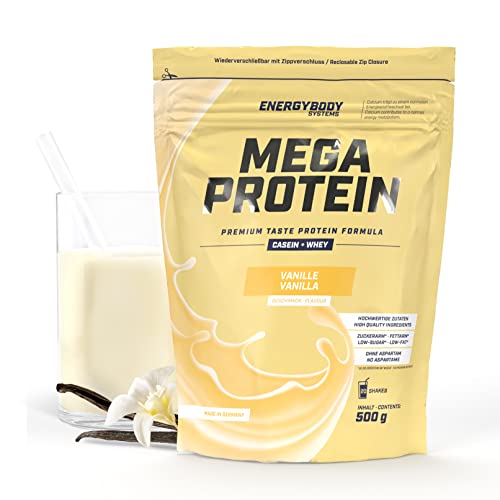 Energybody Mega Protein "Vanille" 500 g / Mehrkomponenten Protein Pulver mit Casein Whey Mix als Eiweiss Protein Pulver / Eiweiß Shake ohne Aspartam/ Eiweißpulver / 20 Portionen
