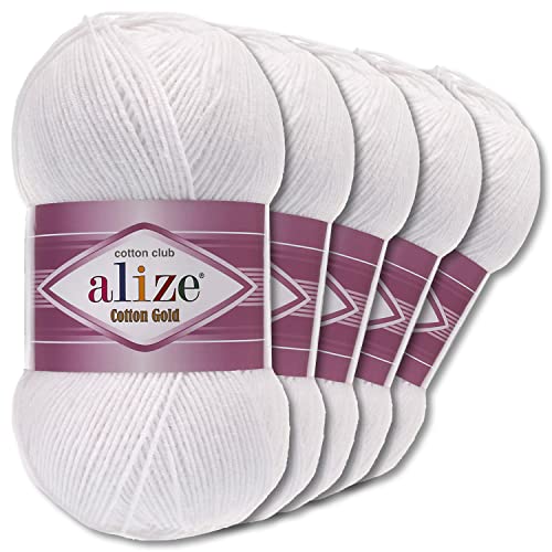 Alize 5 x 100 g Cotton Gold Premium Wolle| 39 Farben Sommerwolle Garn Stricken Amigurumi (55 | Weiß)