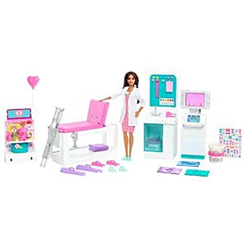 Barbie GTN61 - Krankenstation-Spielset mit brünetter Barbie-Arztpuppe, 4 Spielbereichen, mehr als 30 Teile, ab 4 Jahren