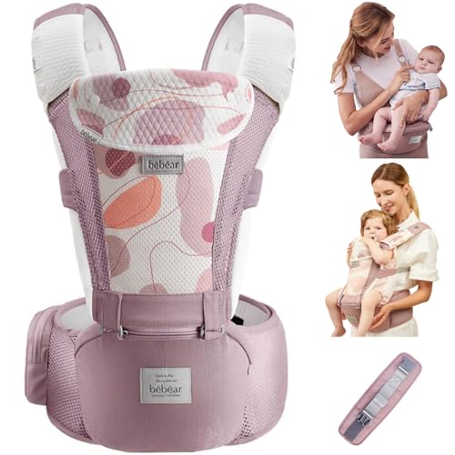 Bebear Babytrage,Bebamour Babytrage für 0-36 Monate, 3D Air Mesh Babytrage Rucksack für Neugeborene bis Kleinkinder,ergonomischer 6 in 1 Fronttrage (3D Air Pink with Designed)