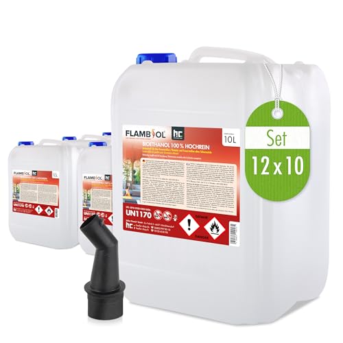 Höfer Chemie 120 L FLAMBIOL® Bioethanol 99,9% Hochrein (12 x 10 L) für Ethanol Kamin, Ethanol Feuerstelle, Tischfeuer und Bioethanol Kamin