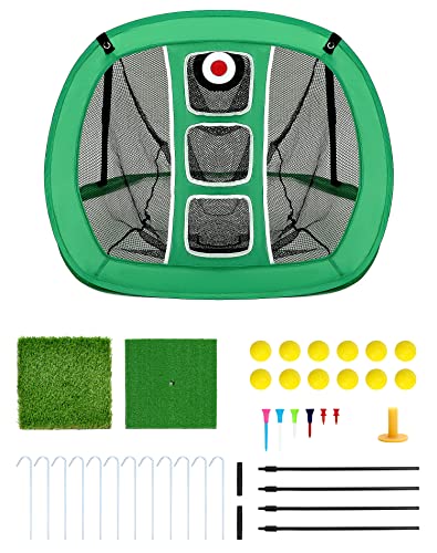 QWORK Golf Übungsnetz, Golf Chipping Netz, mit 2 Golfmatten und 12 Trainingsbällen und Zubehör für Golf-Tees