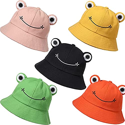 5 Stück niedliche Frosch-Eimerhüte grüne Cartoons breite Krempe Fischerhut Sommer Baumwolle UV-Schutz Kappen für Kinder Erwachsene
