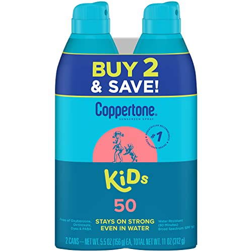 Coppertone Kids Sunscreen Water Resistant Continuous Spray Broad Spectrum SPF 50, Twin Pack (5.5 Ounces Per Bottle)
