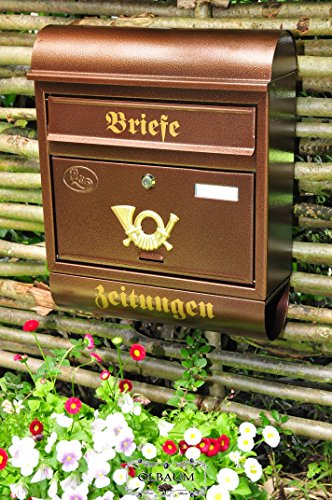 BTV Großer XXL Briefkasten Runddach Kupfer kupferfarben braun + Zeitungsfach Zeitungsrolle Postkasten R/c