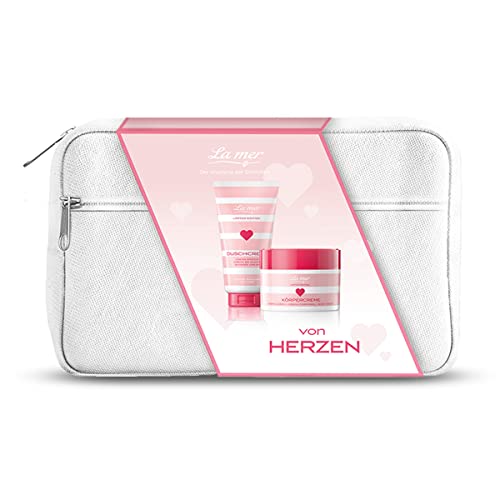 La mer Exklusives Geschenkset "Von Herzen" - Körperpflege Set zum Verschenken mit blumig-pudrigem Duft - Rosa Streifen-Look - Bestehend aus Duschcreme, Körpercreme und Kosmetiktasche - 350 ml