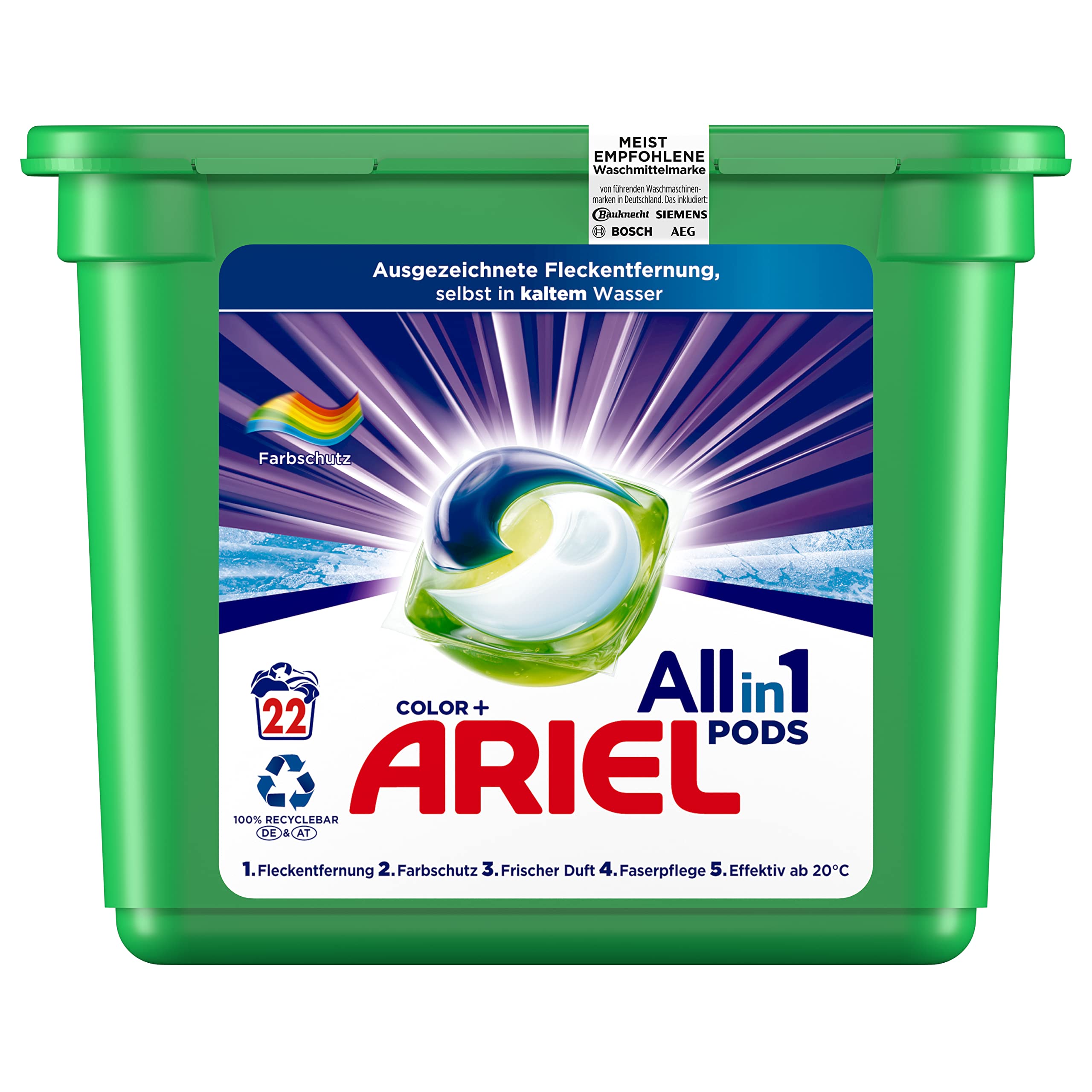 Ariel Waschmittel Pods All-in-1, Color Waschmittel, 22 Waschladungen, Frischer Wäscheduft und Farbschutz