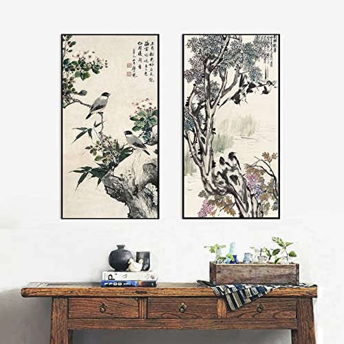 Traditionelles chinesisches Gemälde auf Leinwand, Blumen, Tiere, für   Schlafzimmer, Wandkunst, Bild, Poster und Druck, Heimdekoration, 19,6 "x 39,4" (50 x 100 cm) x 2, kein Rahmen