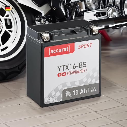 Accurat Motorradbatterie YTX16-BS - 12V, 15Ah, 240A, rüttelfest, wartungsfrei - Starterbatterie, AGM Batterie in Erstausrüsterqualität für Rasentraktor, Roller, Motorrad, Quad