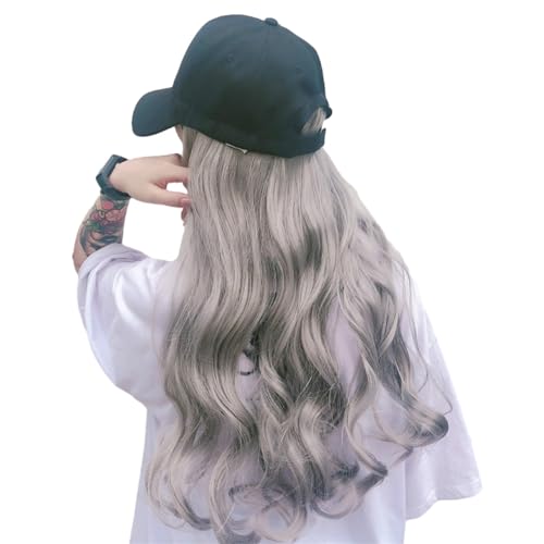 Hut mit synthetischer Haarverlängerung 16 Zoll lange gewellte Haarverlängerungen Baseballkappe komplett aus Baumwolle schwarzer for Frauen – Dunkelschwarz (Color : Gray, Size : Curly hair)
