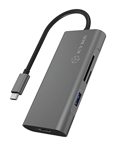 ICY BOX USB-C Dock mit HDMI 4K, Power Delivery 100 Watt, SD Kartenleser, 4X USB 3.0, Aluminium, Anthrazit