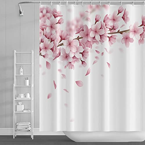 Rumlly Rosa Kirschblüten-Pfirsichblüten-Duschvorhang, weißer Hintergrund, Mädchen, Badezimmer, wasserdichter Polyesterstoff, Bildschirmhaken, 150 x 200 cm