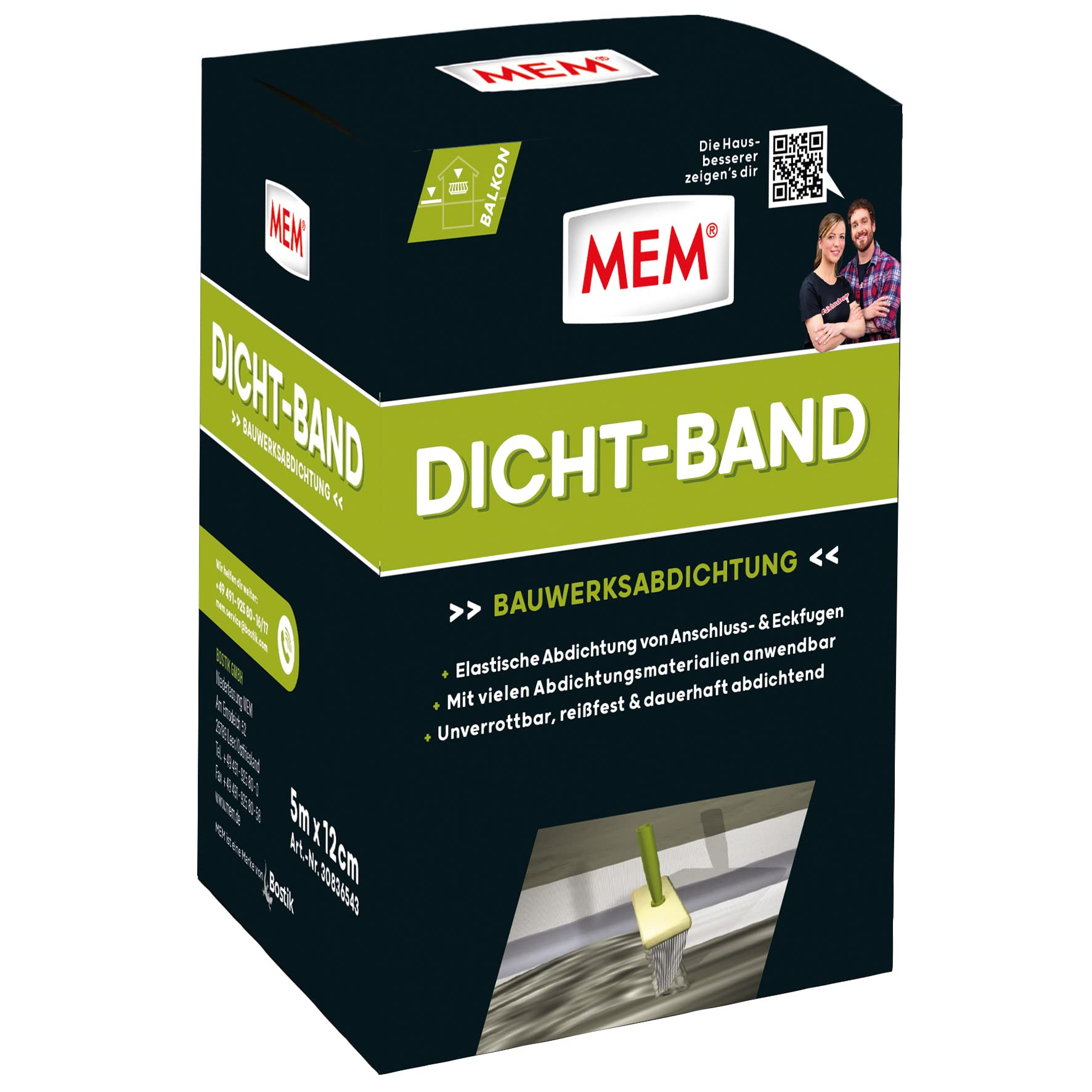 MEM Dicht-Band, Dichtungsband auf Rolle, Reißfest, flexibel und dauerhaft strapazierbar, Unverrottbar und Wasserdicht, 12cm x 5m, Weiß (Trägermaterial) und Grau (Dichtzone)