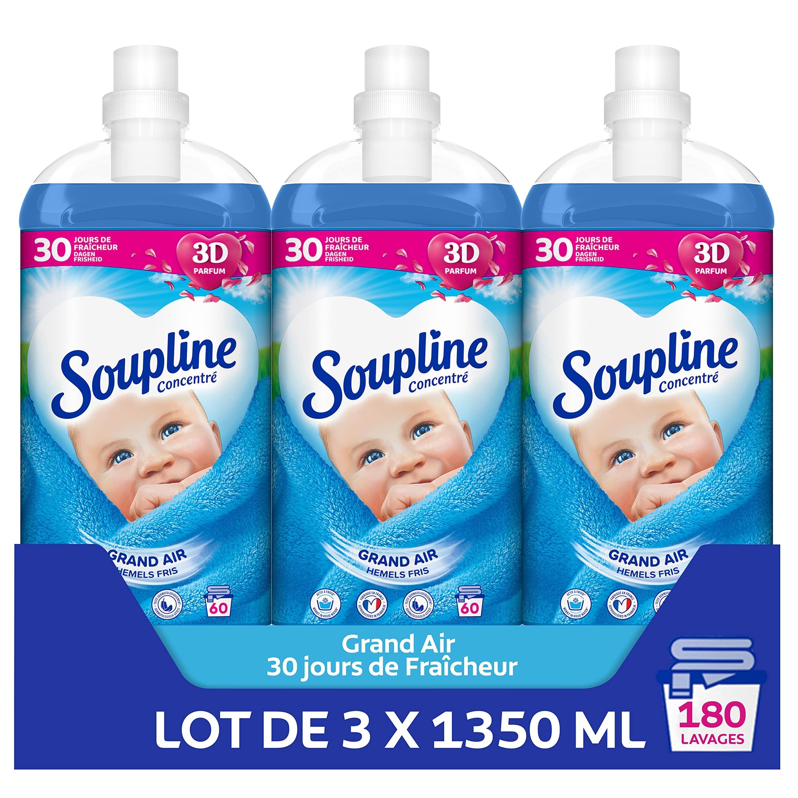 SOUPLINE - Soupline 3D Grand Air Weichspülerkonzentrat – Formel Active Kalt – 92 % Inhaltsstoffe natürlichen Ursprungs – 3 x 1,35 l
