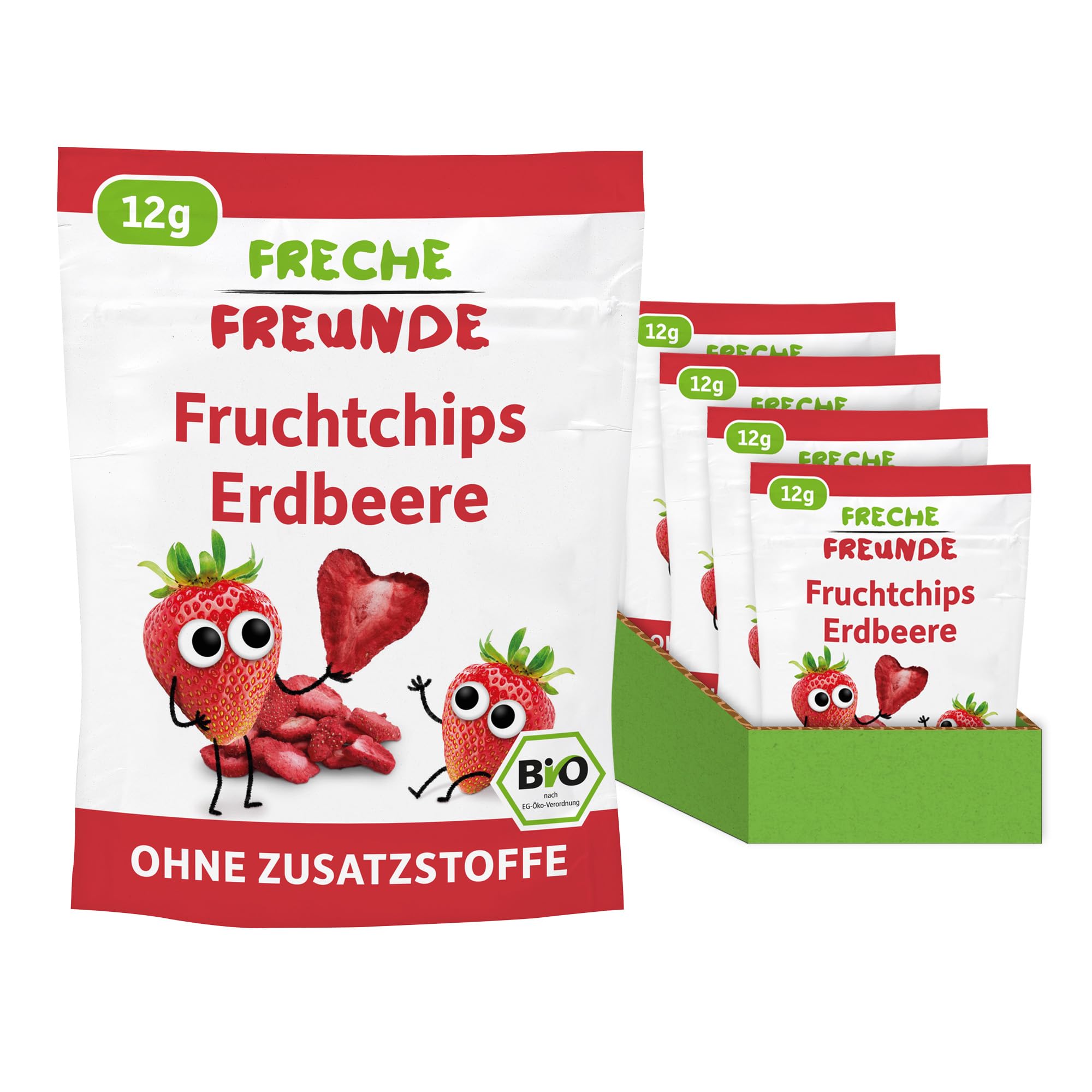 FRECHE FREUNDE Bio Fruchtchips Erdbeere, gefriergetrocknete Obst Chips Erdbeere, ohne Zuckerzusatz, vegan, laktosefrei, glutenfrei, 24er Pack (24 x 12 g)