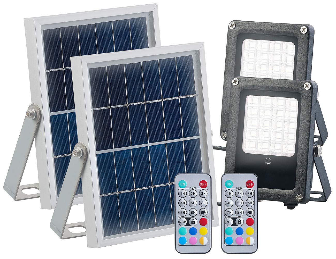 Luminea Flutlicht Solar: 2er-Set Solar-LED-Fluter für außen, RGBW, 10 Watt, mit Fernbedienung (Solar Flutlicht mit Fernbedienung, Solarlampen mit Fernbedienungen)