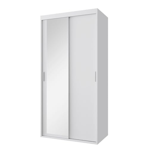 Mirjan24 Kleiderschrank Olasio, Schwebetürenschrank mit 2 Kleiderstangen und Einlegeböden Schiebetürenschrank Schlafzimmerschrank Garderobe für Diele Flur (Weiß + Spiegel, 100 cm)