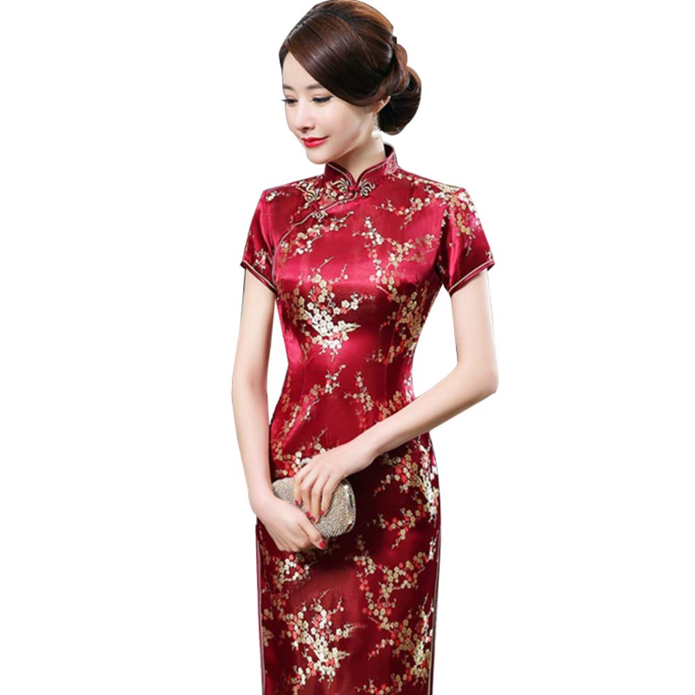 Kalaokei Cheongsam-Kleid, traditionelles Pflaumenblüten-Design, für Damen, chinesisches langes Cheongsam-Abendkleid, weinrot, M