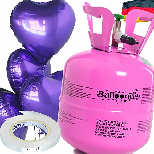 Helium Ballongas + Herz Folienballons + Ballonband | 20er Heliumflasche + Knickventil + 8 Ballonherzen + 10m Band | Luftballon Herzen Geburtstag Party Hochzeit, Edition: Set mit Lila Herzballons